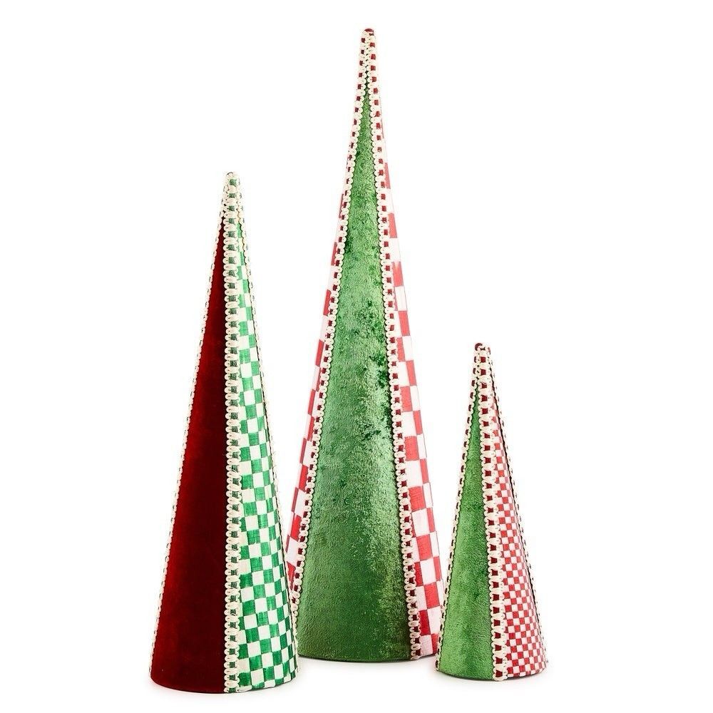 MacKenzie Childs Check It Out Fabric Cone Trees, Set of 3 NWT